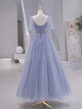 Long sleeves Beading Gray Blue Long Prom Dress, Gray Blue Formal Dress HZ1024