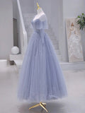 Long sleeves Beading Gray Blue Long Prom Dress, Gray Blue Formal Dress HZ1024