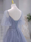 Long sleeves Beading Gray Blue Long Prom Dress, Gray Blue Formal Dress HZ1024