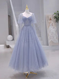 Long sleeves Beading Gray Blue Long Prom Dress, Gray Blue Formal Dress HZ1024