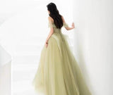 Off Shoulder Lace Long Prom Dress, Green Formal Dress HZ1024