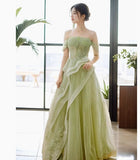 Off Shoulder Lace Long Prom Dress, Green Formal Dress HZ1024