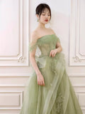 Off Shoulder Lace Long Prom Dress, Green Formal Dress HZ1024