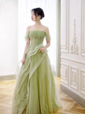 Off Shoulder Lace Long Prom Dress, Green Formal Dress HZ1024