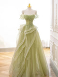 Off Shoulder Lace Long Prom Dress, Green Formal Dress HZ1024