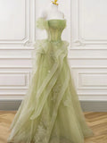 Off Shoulder Lace Long Prom Dress, Green Formal Dress HZ1024