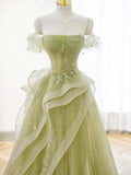 Off Shoulder Lace Long Prom Dress, Green Formal Dress HZ1024