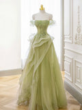 Off Shoulder Lace Long Prom Dress, Green Formal Dress HZ1024