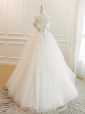White Off Shoulder Tulle Long Prom Dress, White Long Formal Dress HZ1024
