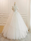 White Off Shoulder Tulle Long Prom Dress, White Long Formal Dress HZ1024