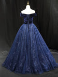 Blue Tulle velvet Long Prom Dress, Blue Formal Evening Dress HZ1024