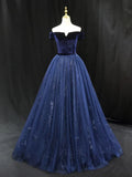Blue Tulle velvet Long Prom Dress, Blue Formal Evening Dress HZ1024