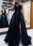 One Shoulder Tulle Lace Black Prom Dress, Black Long Evening Dress HZ1024