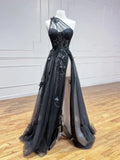 One Shoulder Tulle Lace Black Prom Dress, Black Long Evening Dress HZ1024