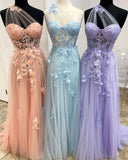 One Shoulder Tulle Lace Black Prom Dress, Black Long Evening Dress HZ1024