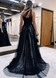 One Shoulder Tulle Lace Black Prom Dress, Black Long Evening Dress HZ1024