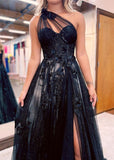 One Shoulder Tulle Lace Black Prom Dress, Black Long Evening Dress HZ1024