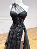 One Shoulder Tulle Lace Black Prom Dress, Black Long Evening Dress HZ1024