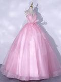 A-Line Tulle Lace Long Prom Dresses, Pink Sweet 16 Dress HZ1024