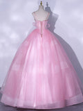 A-Line Tulle Lace Long Prom Dresses, Pink Sweet 16 Dress HZ1024