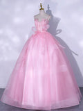 A-Line Tulle Lace Long Prom Dresses, Pink Sweet 16 Dress HZ1024