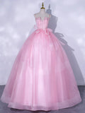 A-Line Tulle Lace Long Prom Dresses, Pink Sweet 16 Dress HZ1024