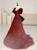 V Neck Velvet Sequin Long Prom Dress, Burgundy Formal Dress HZ1024