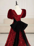 V Neck Velvet Sequin Long Prom Dress, Burgundy Formal Dress HZ1024
