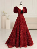V Neck Velvet Sequin Long Prom Dress, Burgundy Formal Dress HZ1024