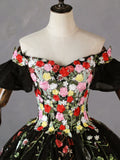 Off Shoulder Tulle Lace Long Prom Gown, Black Sweet 16 Dress HZ1024
