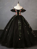 Off Shoulder Tulle Lace Long Prom Gown, Black Sweet 16 Dress HZ1024