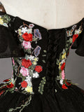Off Shoulder Tulle Lace Long Prom Gown, Black Sweet 16 Dress HZ1024