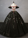 Off Shoulder Tulle Lace Long Prom Gown, Black Sweet 16 Dress HZ1024