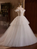 Off Shoulder Tulle Lace Long Prom Dress, White Long Wedding Dress HZ1024