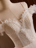 Off Shoulder Tulle Lace Long Prom Dress, White Long Wedding Dress HZ1024