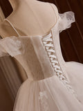 Off Shoulder Tulle Lace Long Prom Dress, White Long Wedding Dress HZ1024