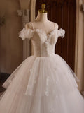 Off Shoulder Tulle Lace Long Prom Dress, White Long Wedding Dress HZ1024