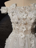 Off Shoulder Tulle Lace Long Prom Dress, White Lace Long Formal Dress HZ1024