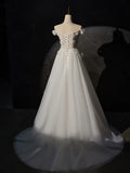 Off Shoulder Tulle Lace Long Prom Dress, White Lace Long Formal Dress HZ1024