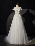 Off Shoulder Tulle Lace Long Prom Dress, White Lace Long Formal Dress HZ1024
