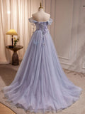 A-Line Tulle Long Prom Dress, Off Shoulder Purple Graduation Dress HZ1024