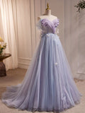 A-Line Tulle Long Prom Dress, Off Shoulder Purple Graduation Dress HZ1024