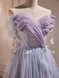 A-Line Tulle Long Prom Dress, Off Shoulder Purple Graduation Dress HZ1024