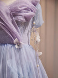 A-Line Tulle Long Prom Dress, Off Shoulder Purple Graduation Dress HZ1024