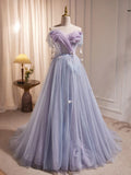 A-Line Tulle Long Prom Dress, Off Shoulder Purple Graduation Dress HZ1024