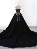 Velvet Sweep Train Long Prom Dress, Black Velvet Long Evening Dress HZ1024