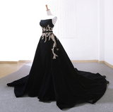 Velvet Sweep Train Long Prom Dress, Black Velvet Long Evening Dress HZ1024