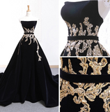 Velvet Sweep Train Long Prom Dress, Black Velvet Long Evening Dress HZ1024
