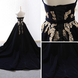 Velvet Sweep Train Long Prom Dress, Black Velvet Long Evening Dress HZ1024