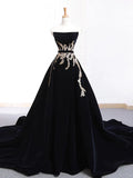 Velvet Sweep Train Long Prom Dress, Black Velvet Long Evening Dress HZ1024